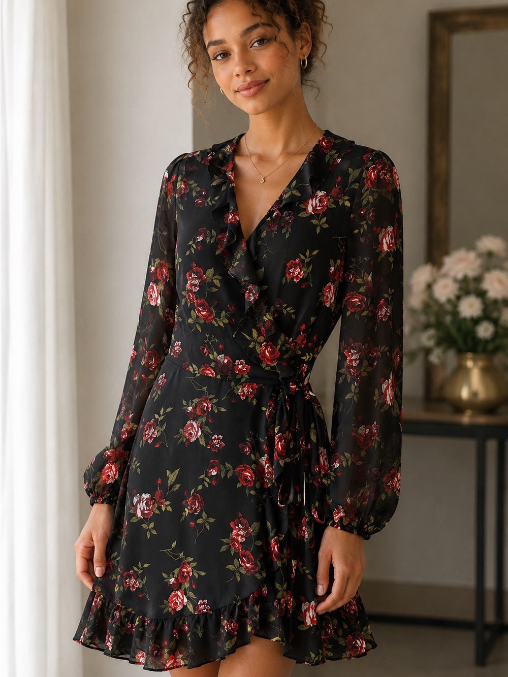 Nine West Black Floral Wrap Dress with Red Rose Print